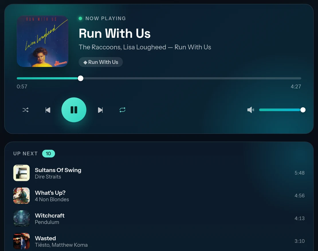 Encore's Now Playing screen: album art, track title, seek bar, transport controls and the up-next queue